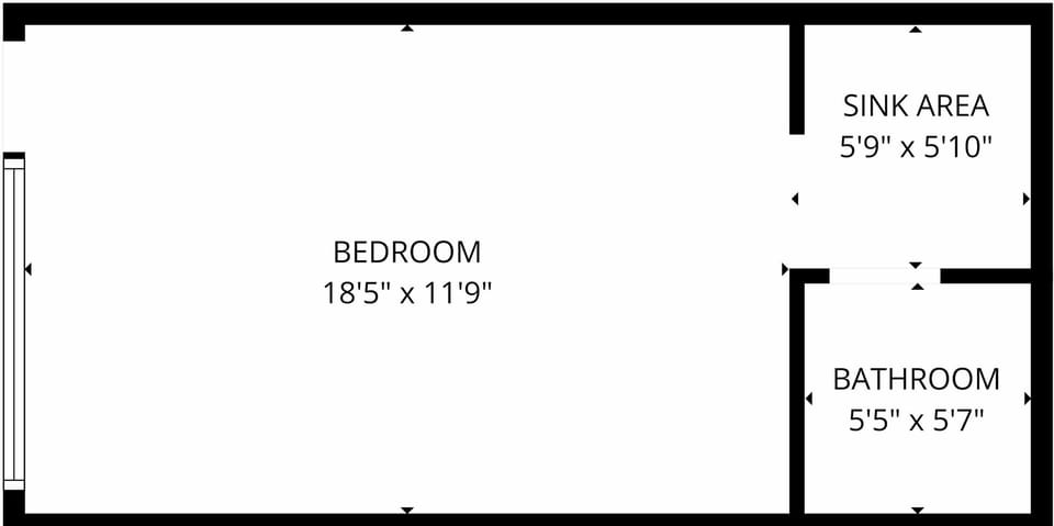 Floor plan showing a spacious bedroom with adjacent sink area and bathroom.