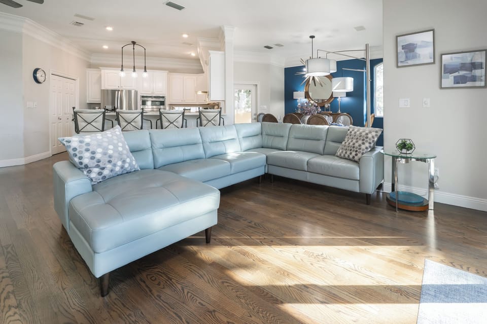 Expansive family room, dining room, and kitchen