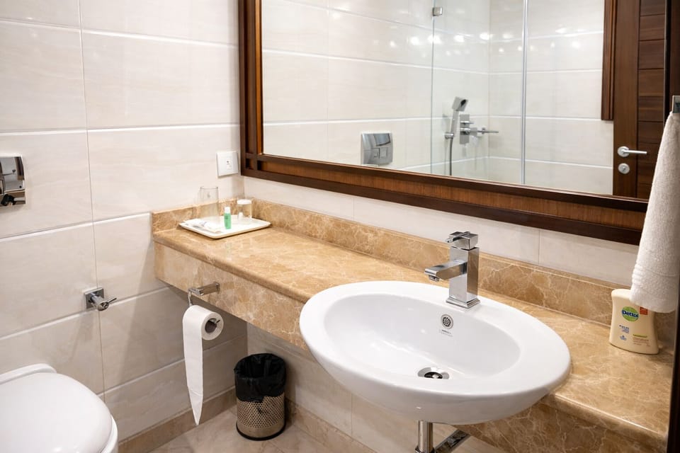 Shower, free toiletries, bidet, towels