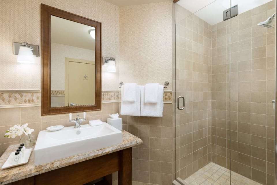 Clean bathroom with walk-in shower and vanity sink