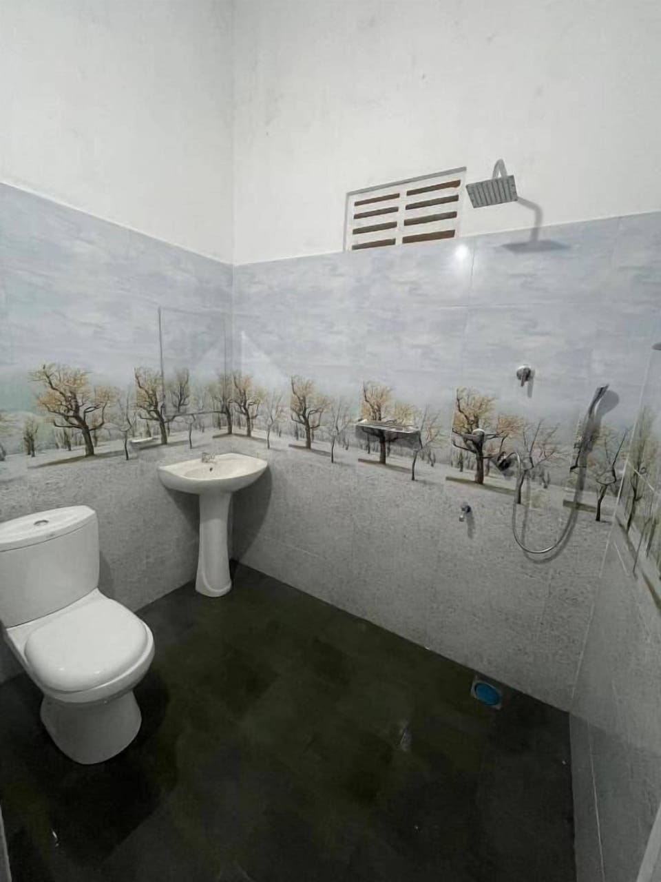 Shower, slippers, towels, soap