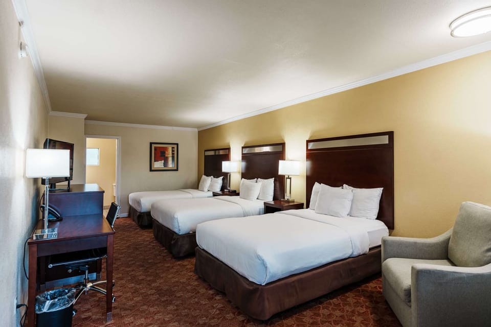 Neat room with three beds, work desk, and soft carpet flooring