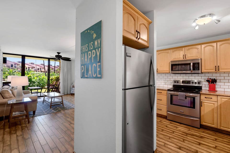Condo, 1 King Bed, Balcony, Ocean View (Kamaole Sands 3-101) | Private kitchen | Coffee/tea maker, dining tables