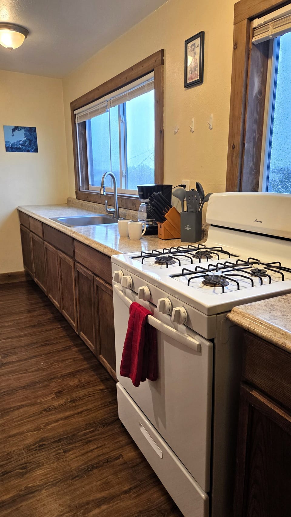 Basic cookware and dish soap are provided