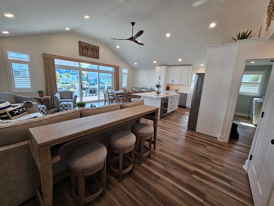 Family room, kitchen, dining area
