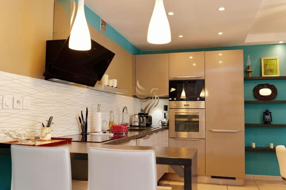 Cuisine entièrement équipée (four, plaques, lave-vaisselle) au design contemporain, idéale pour cuisiner comme à la maison.