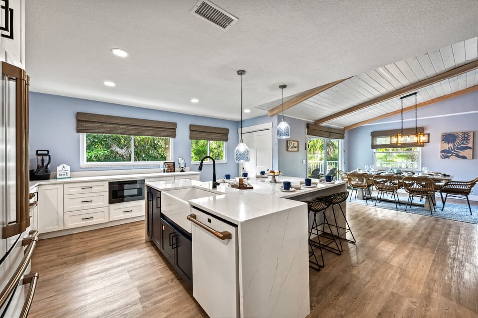 This open kitchen and dining space feels warm and welcoming.