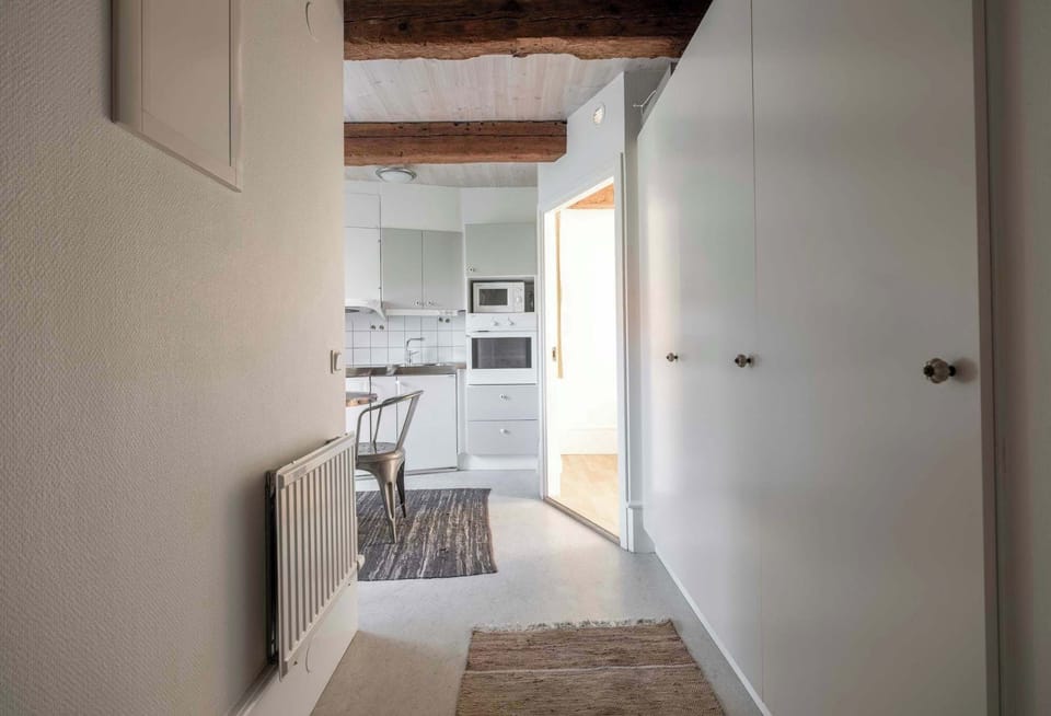 The hallway leading into the kitchen with the bedroom to the right