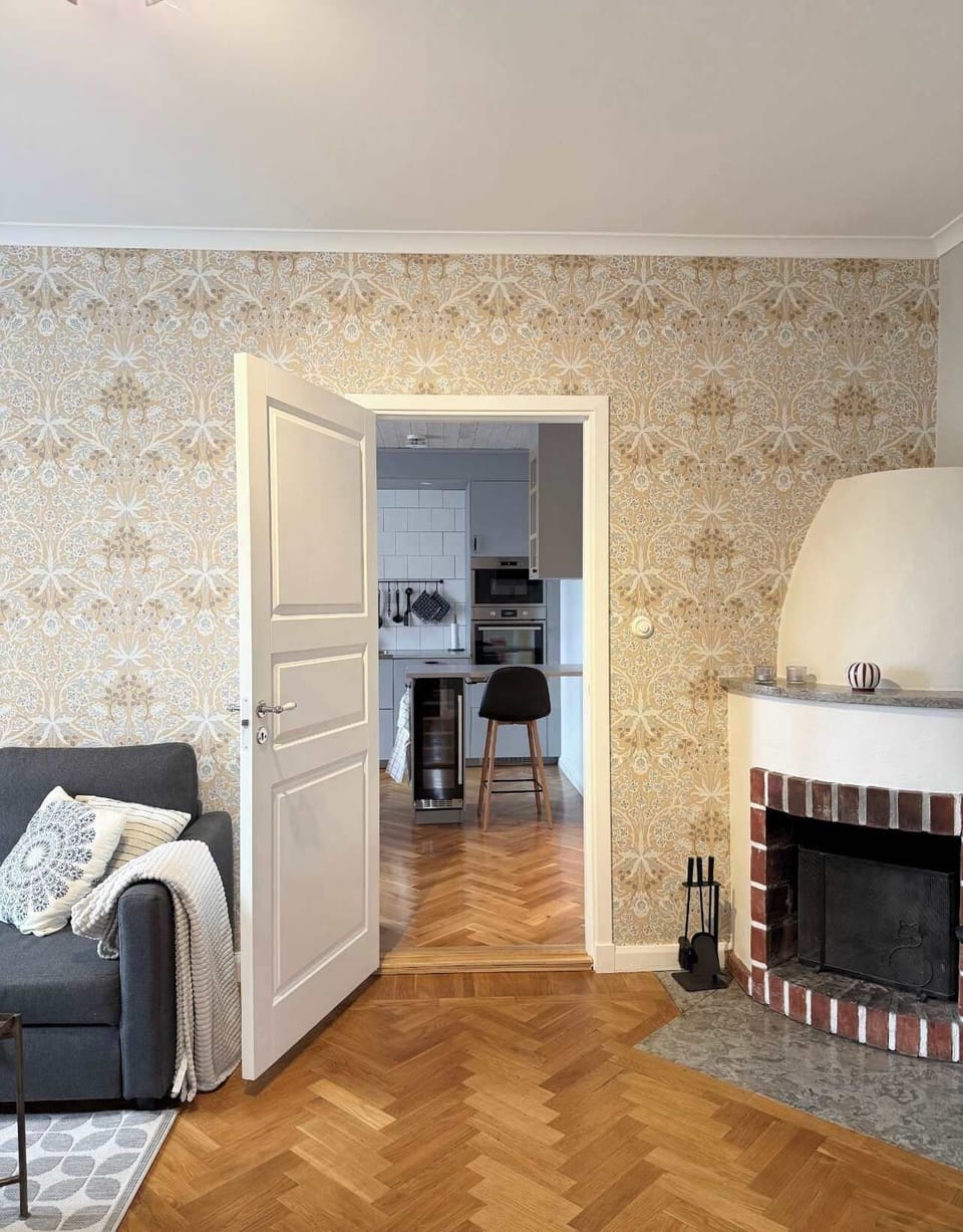 The living room with a sofa bed and a indoor fireplace.