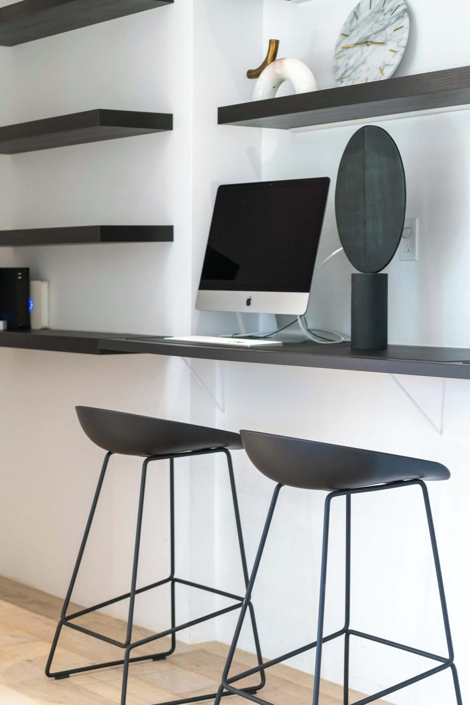 Built-In Workspace — Floating Desk, Bar Stools & iMac