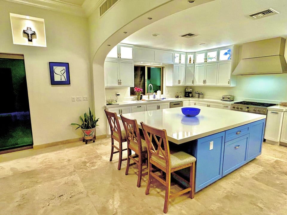 Our stunning kitchen w/ new commercial appliances surrounded by a 5'X7' island