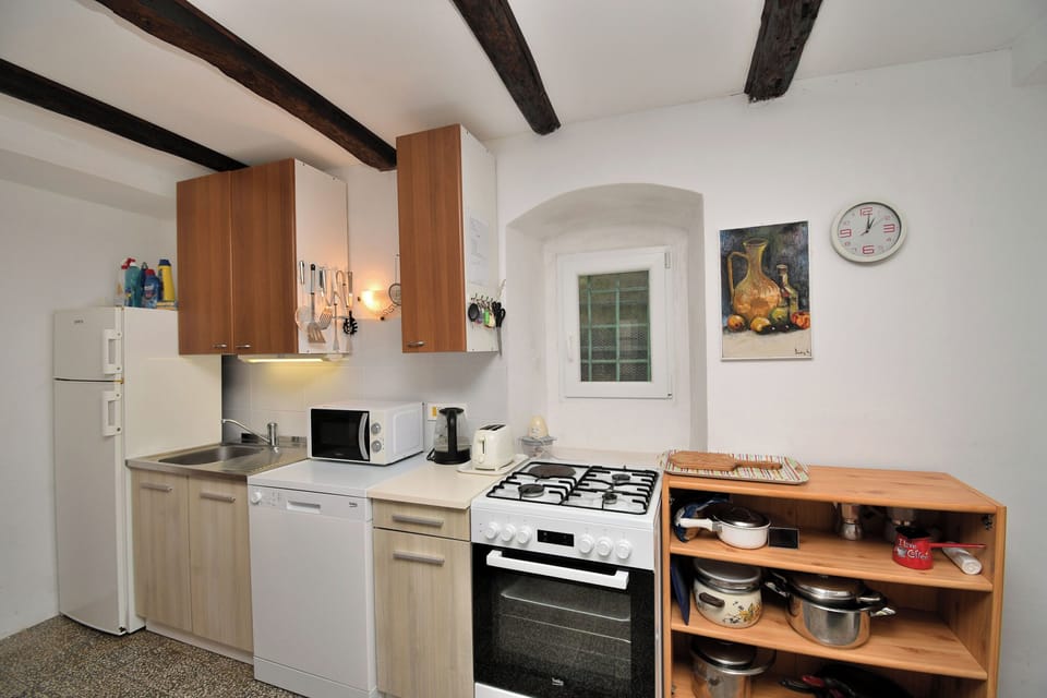 Apartment (A1) | Private kitchen | Fridge, microwave, oven, stovetop