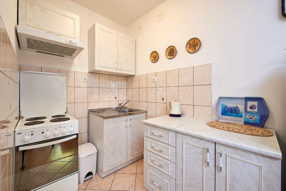 Apartment (A1) | Private kitchen | Fridge, stovetop, electric kettle, cookware/dishes/utensils