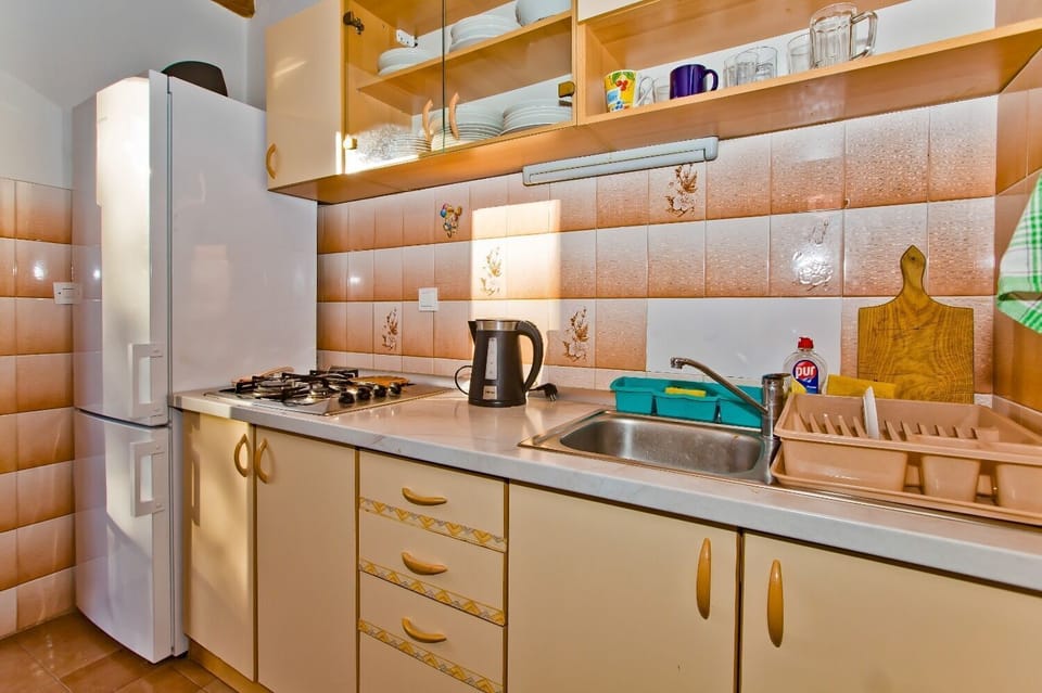 Apartment (A1) | Private kitchen | Fridge, stovetop, electric kettle, toaster