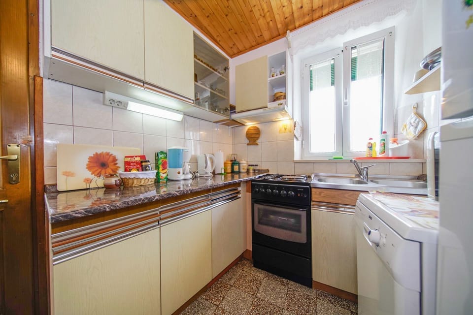 Apartment (A1) | Private kitchen | Fridge, microwave, oven, stovetop