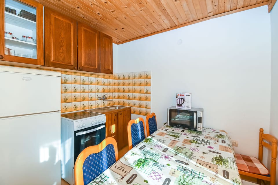 Apartment (A1) | Private kitchen | Fridge, microwave, oven, stovetop