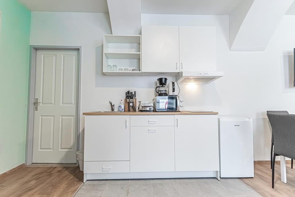 Basic Studio | Private kitchen | Mini-fridge, microwave, stovetop, cookware/dishes/utensils