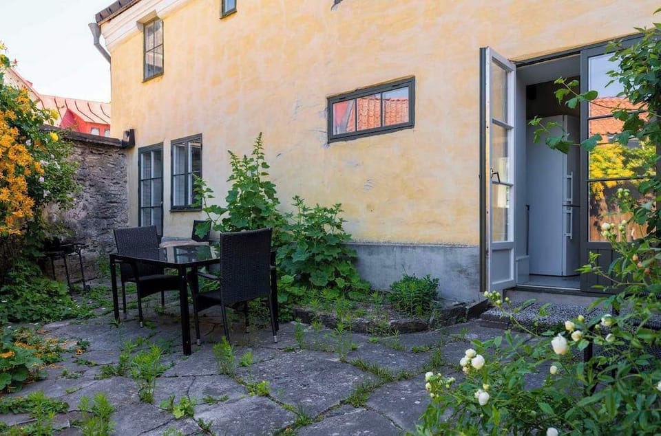 The charming garden with outdoor furniture.