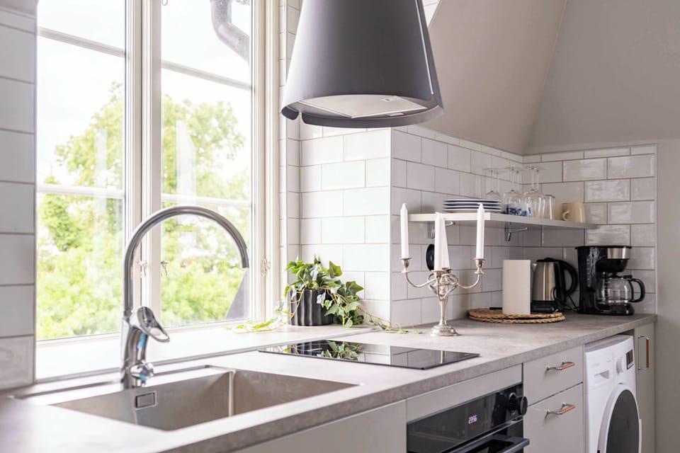 Closer view of the kitchen.