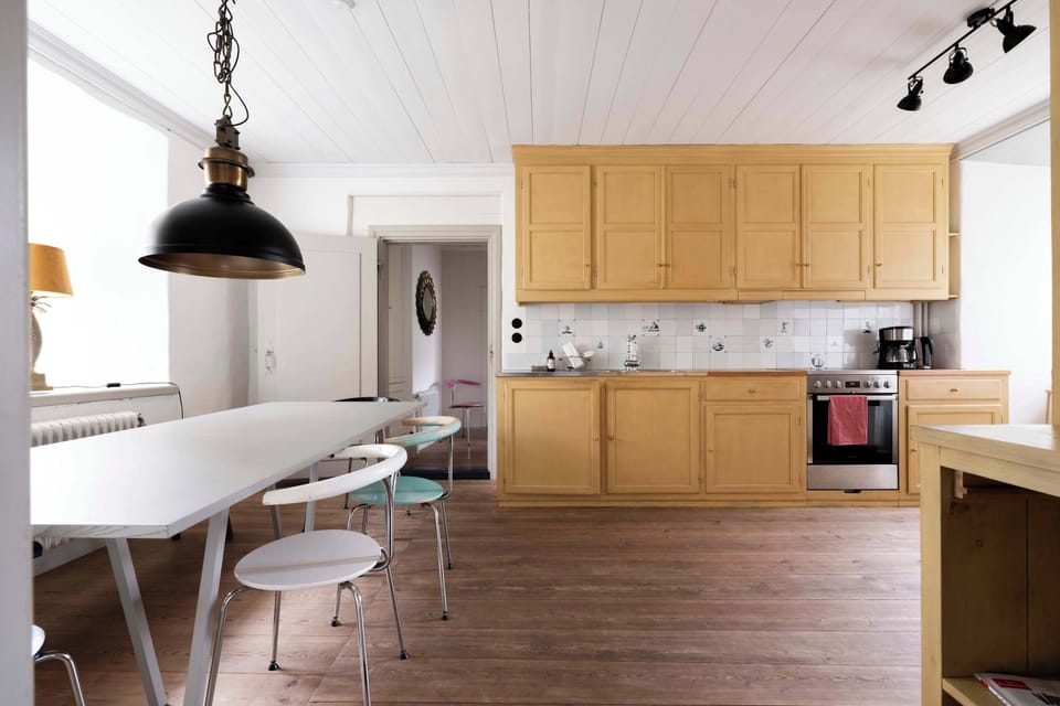 The open-concept kitchen and dining space. 