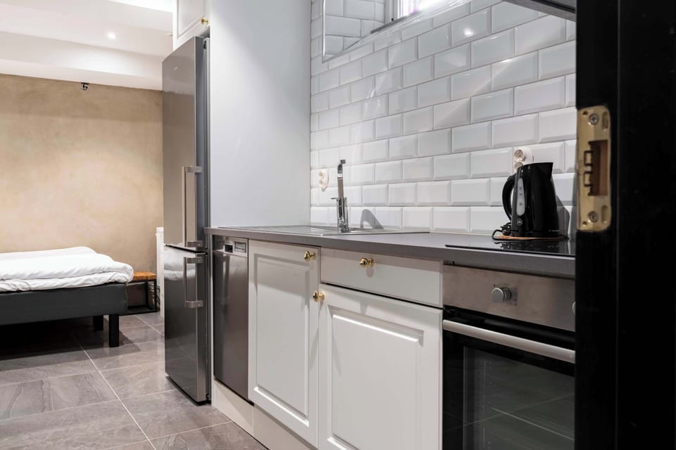 The kitchen and a view of the apartment.