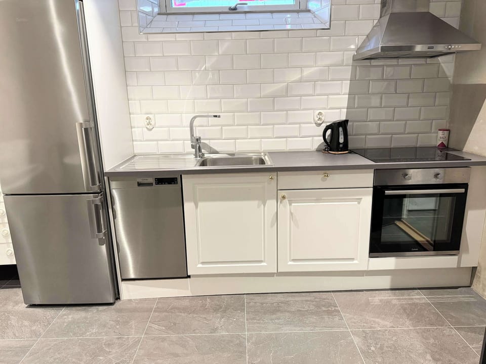 Fully equipped kitchen with oven, stove, dishwasher, refrigerator and freezer.