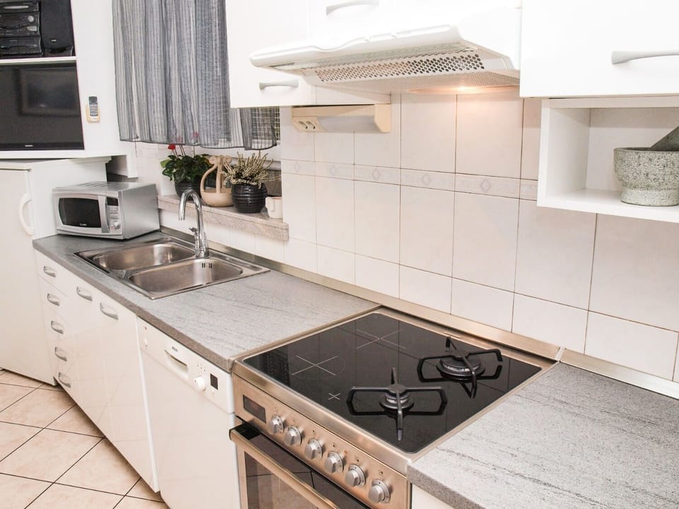 Apartment (A1) | Private kitchen | Fridge, microwave, oven, stovetop
