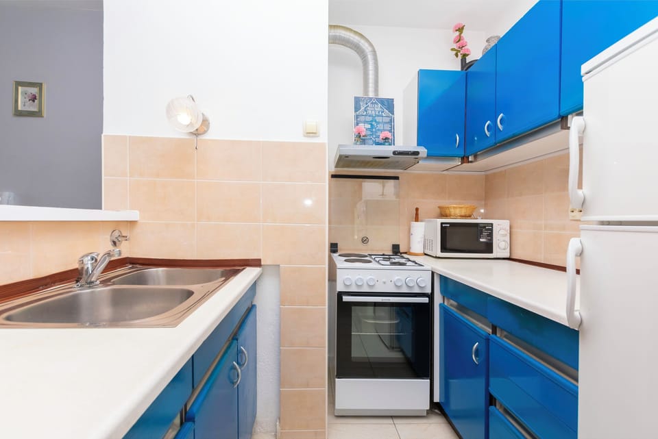 Apartment (A1) | Private kitchen | Fridge, microwave, oven, stovetop