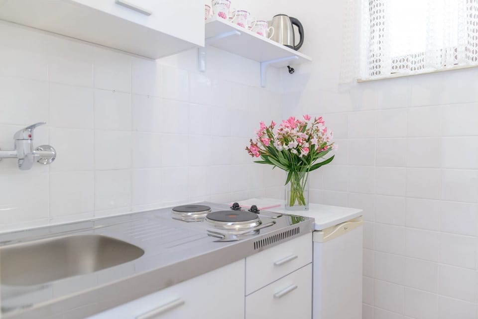 Apartment (A1) | Private kitchen | Fridge, stovetop, electric kettle, cookware/dishes/utensils
