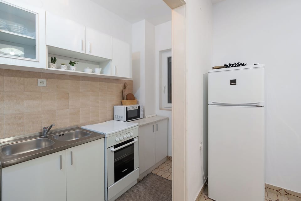 Apartment (A1) | Private kitchen | Fridge, microwave, oven, stovetop
