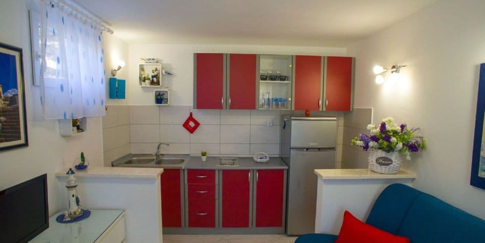 Apartment (A1) | Private kitchen | Fridge, microwave, stovetop, electric kettle