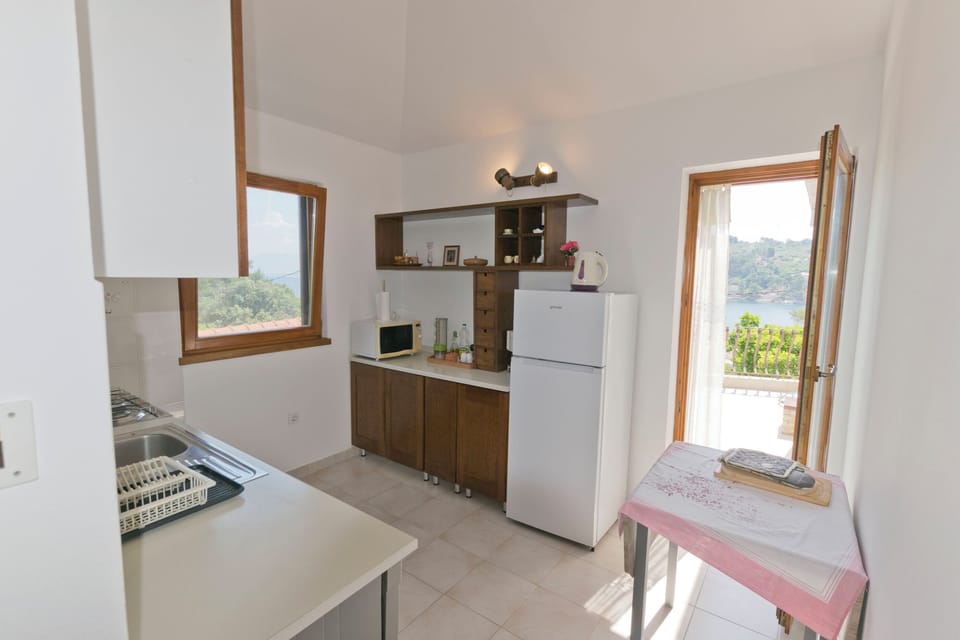 Apartment (A1) | Private kitchen | Fridge, microwave, oven, stovetop
