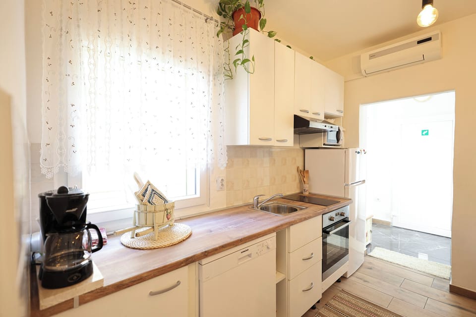 Apartment (A1) | Private kitchen | Fridge, microwave, oven, stovetop
