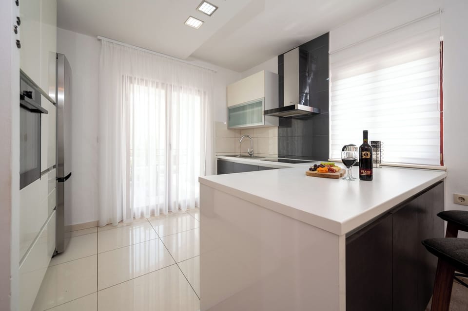 Apartment (A1) | Private kitchen | Fridge, microwave, oven, stovetop