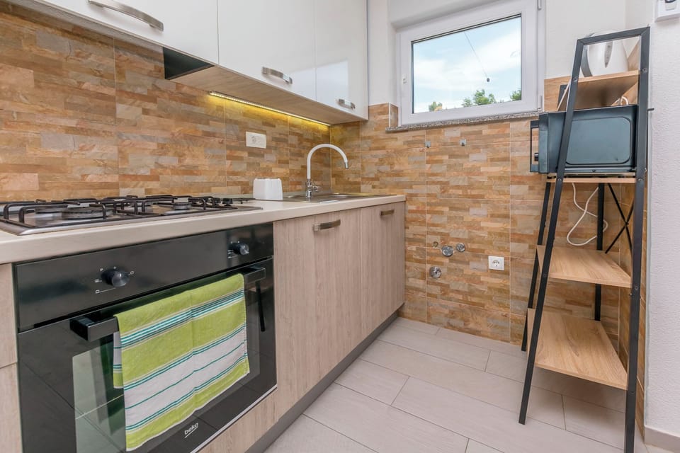 Apartment (A1) | Private kitchen | Fridge, microwave, oven, stovetop
