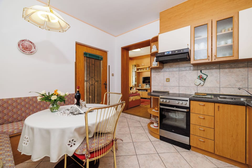 Apartment (A1) | Private kitchen | Fridge, microwave, oven, stovetop
