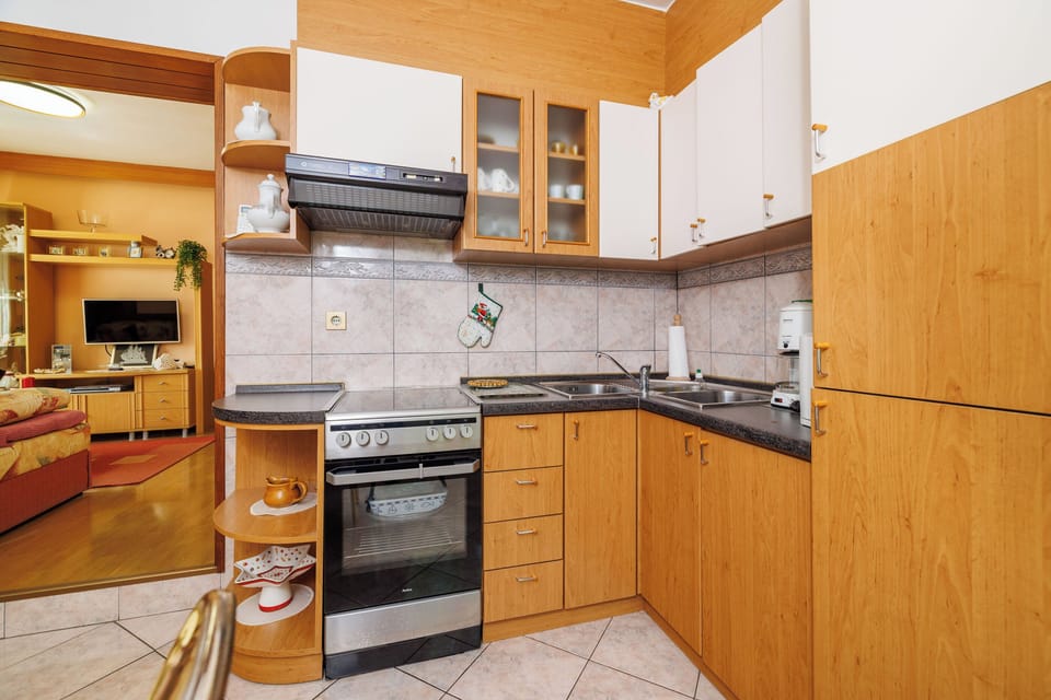 Apartment (A1) | Private kitchen | Fridge, microwave, oven, stovetop
