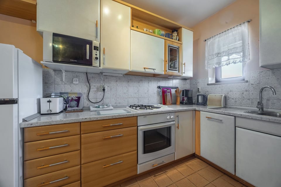 Apartment (A1) | Private kitchen | Fridge, microwave, oven, stovetop