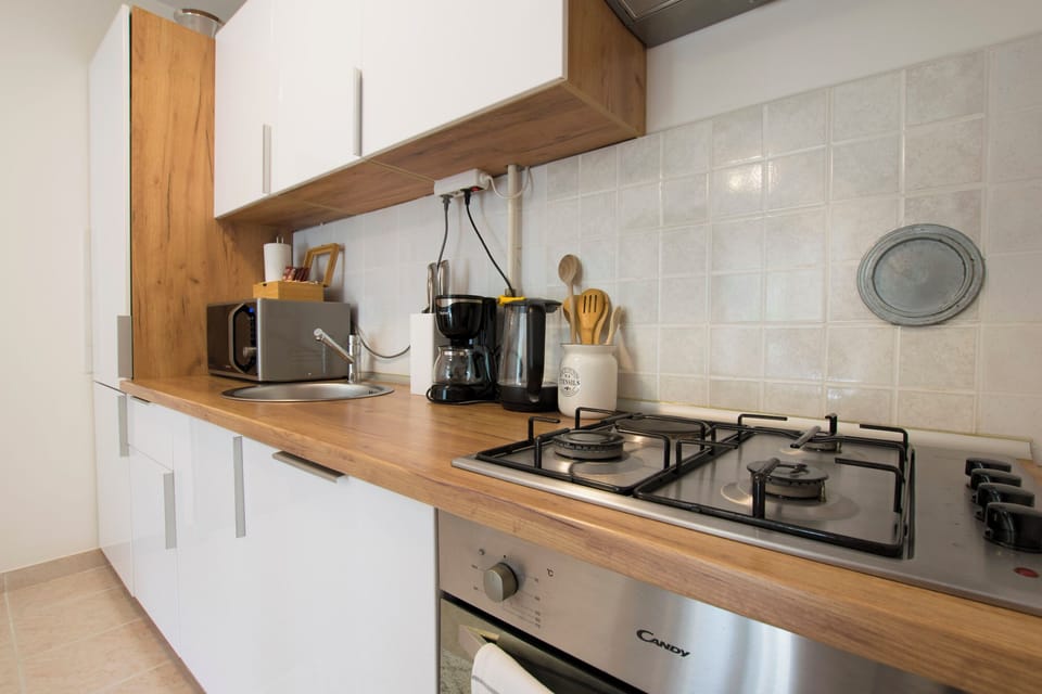 Apartment (A1) | Private kitchen | Fridge, microwave, oven, stovetop
