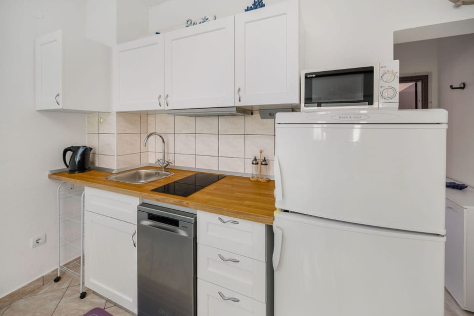 Apartment (A1) | Private kitchen | Fridge, microwave, stovetop, electric kettle