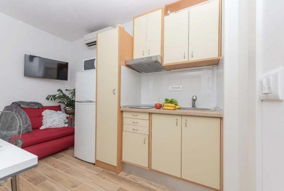 Apartment (A1) | Private kitchen | Fridge, microwave, oven, stovetop