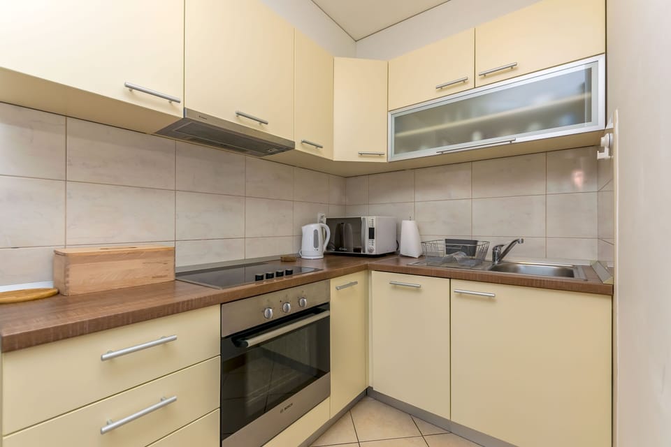 Apartment (A1) | Private kitchen | Fridge, microwave, oven, stovetop