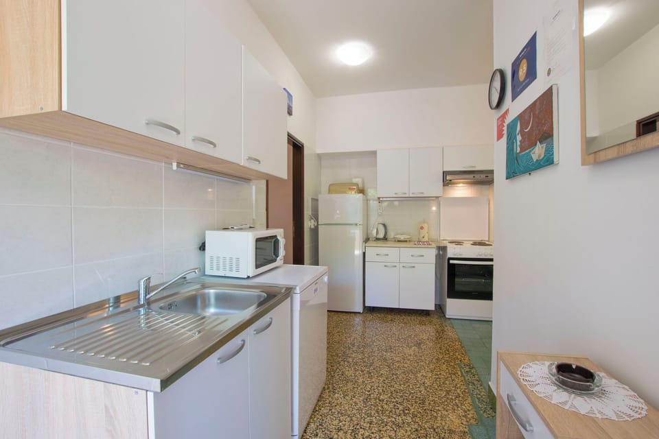 Apartment (A1) | Private kitchen | Fridge, microwave, oven, stovetop