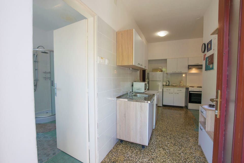 Apartment (A1) | Private kitchen | Fridge, microwave, oven, stovetop