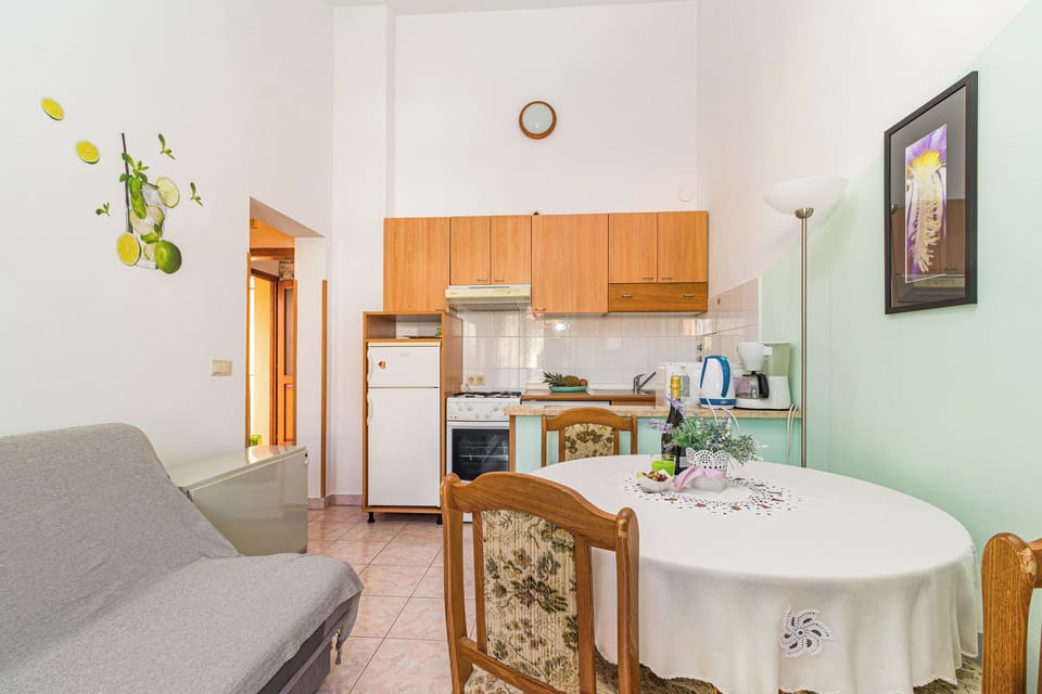 Apartment (A1) | Private kitchen | Fridge, microwave, oven, stovetop
