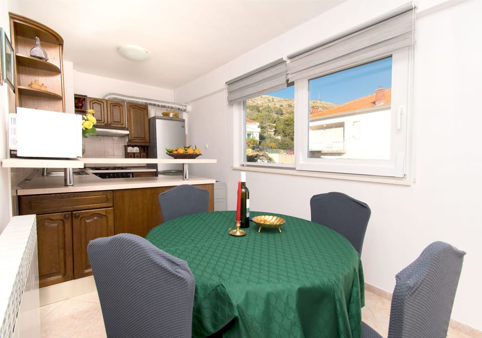 Apartment (A1) | Private kitchen | Fridge, microwave, oven, stovetop