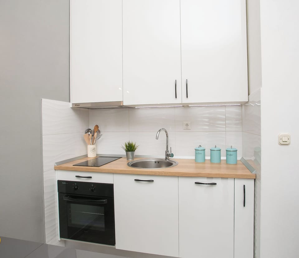 Apartment (A1) | Private kitchen | Fridge, microwave, oven, stovetop