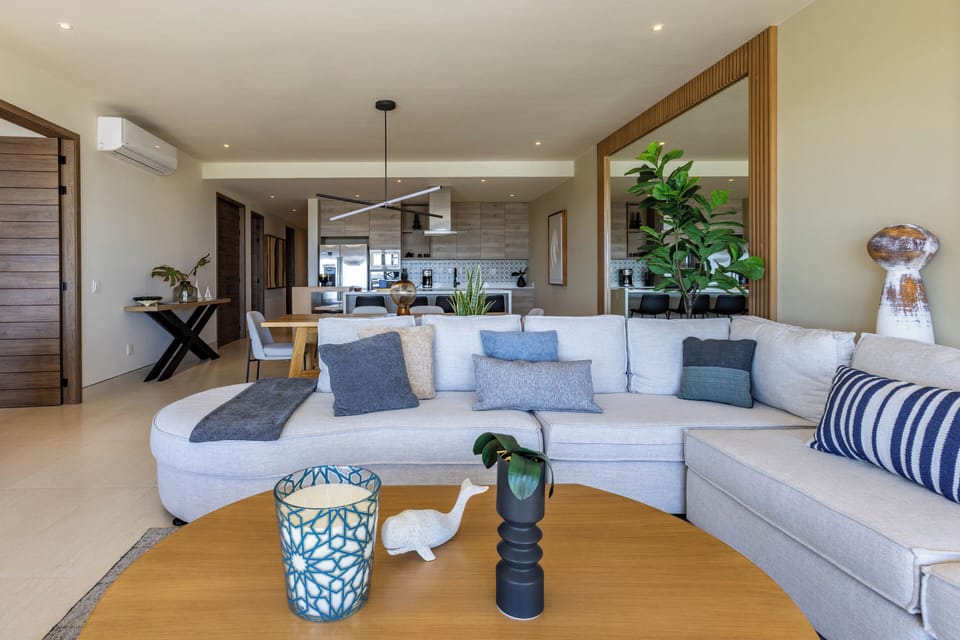 Large sectional sofa in the living room with beautiful ocean views.
