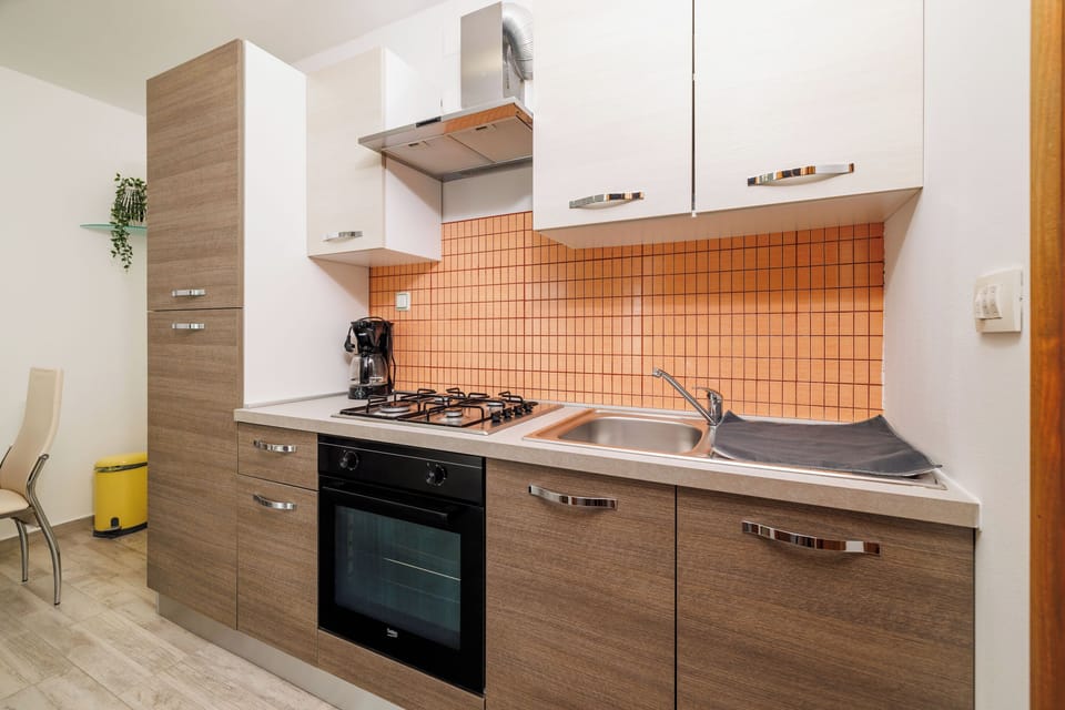 Apartment (A1) | Private kitchen | Fridge, microwave, oven, stovetop