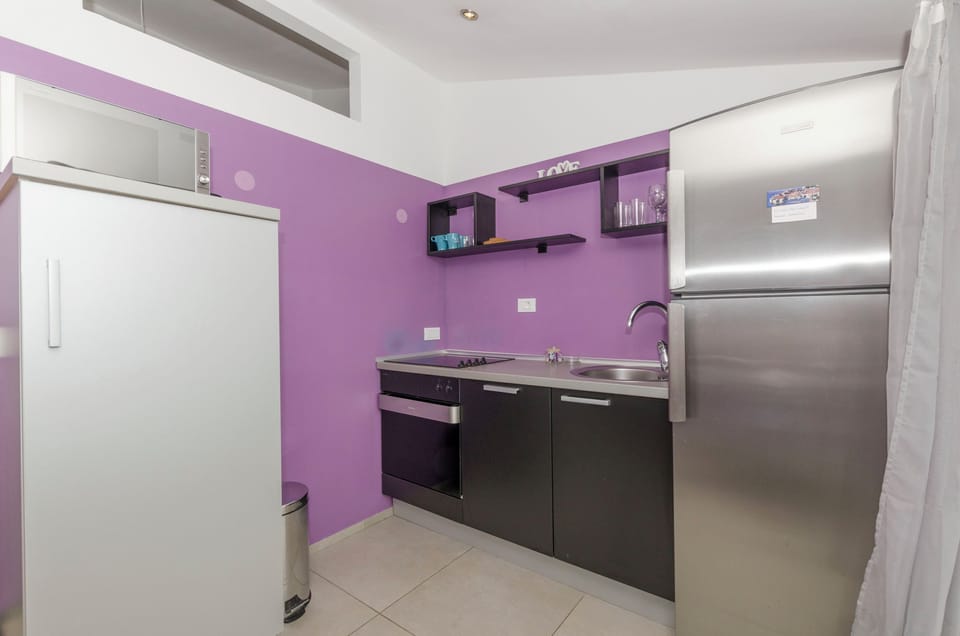 Apartment (A1) | Private kitchen | Fridge, microwave, oven, stovetop